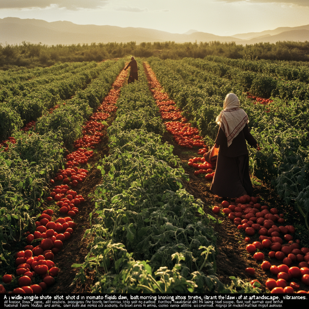 Farmers in Iran picking ripe red tomatoes at dawn