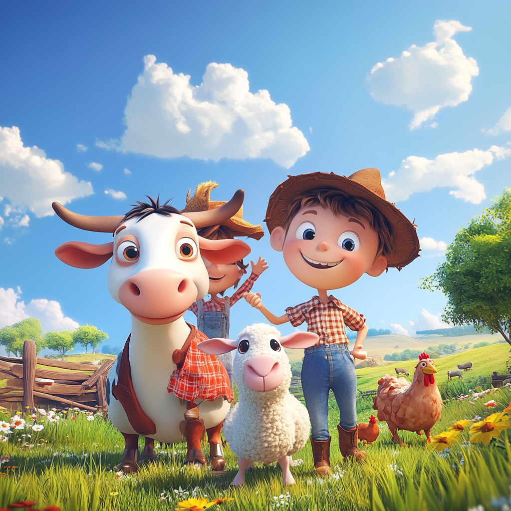 Farmers playing with farm animals under blue sky.