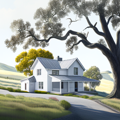 Farmhouse in San Francisco Bay Area hills during midday.