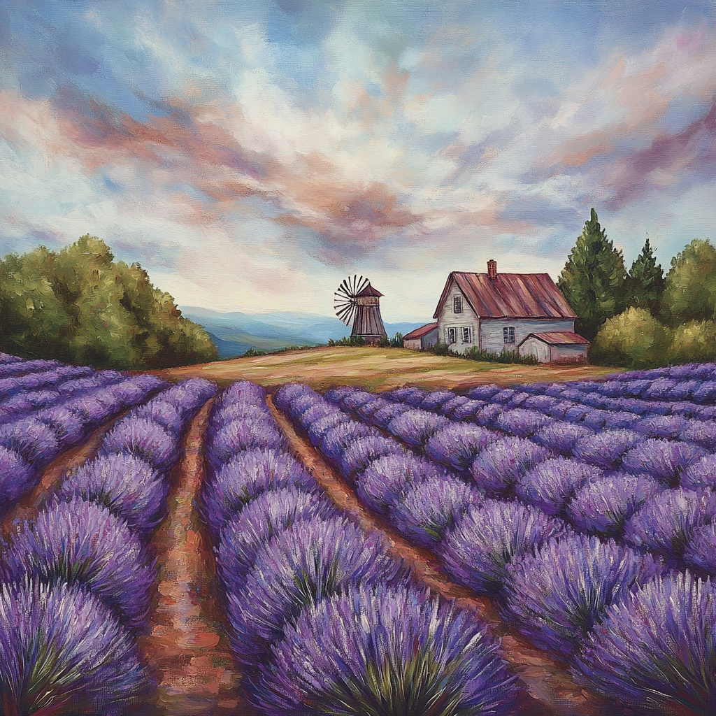 Farmhouse nestled among lush lavender fields under colorful sky.