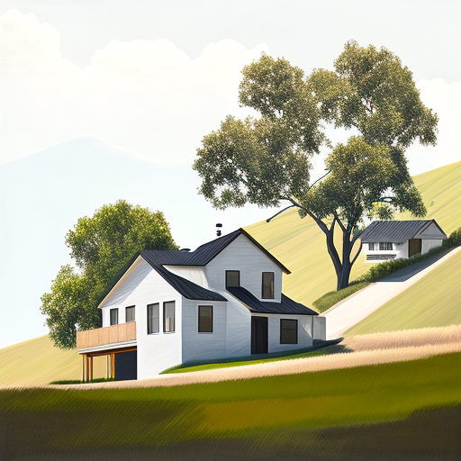 Farmhouse on sloping field amongst hillside oak trees.