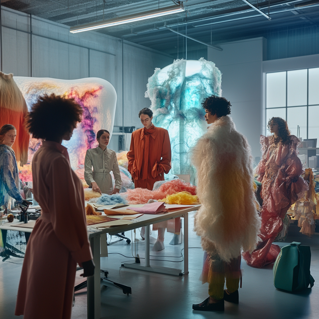 Fashion Designers Creating Wool Coat in Futuristic Workspace