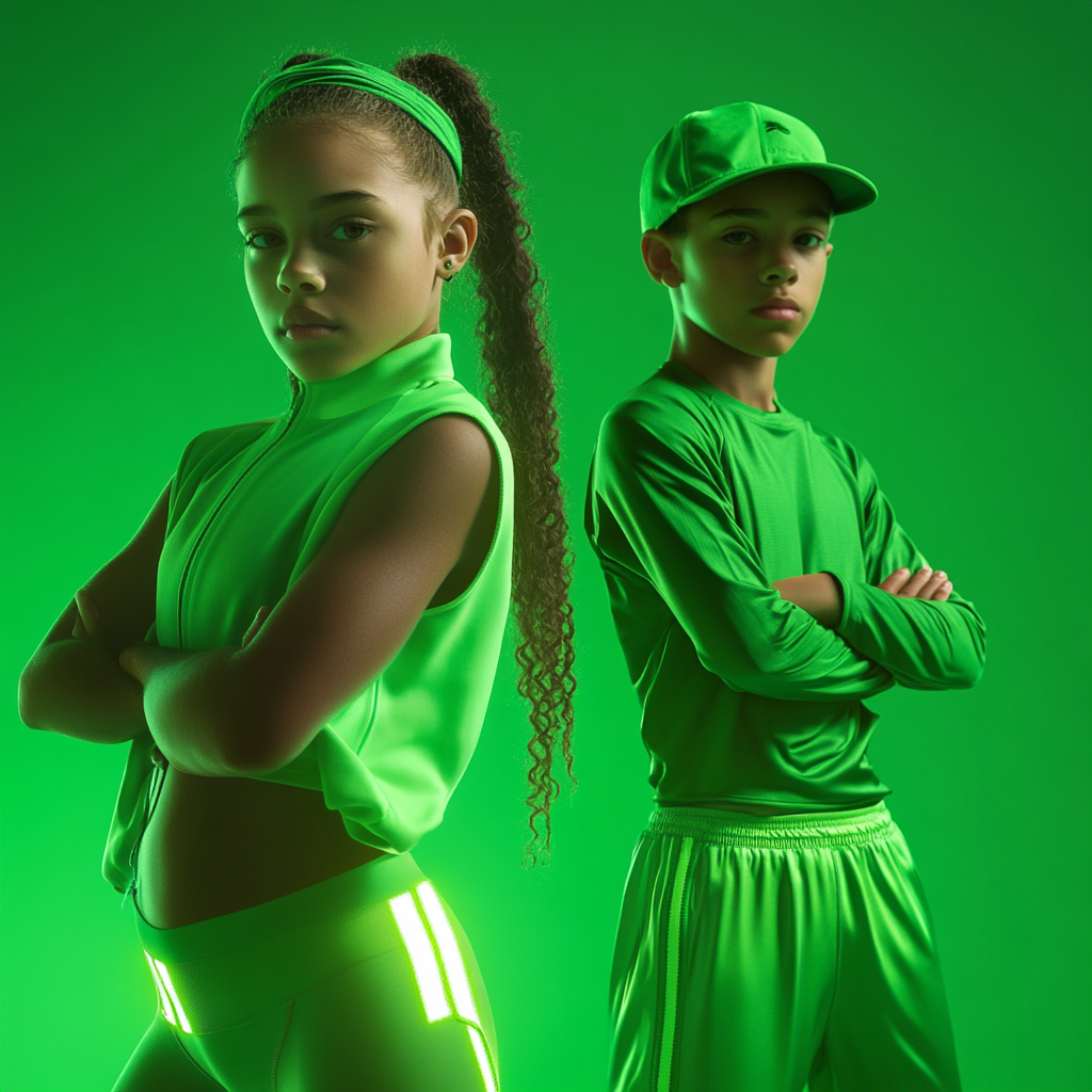 Fashion-forward 4K photo of kids in luxe sportswear.