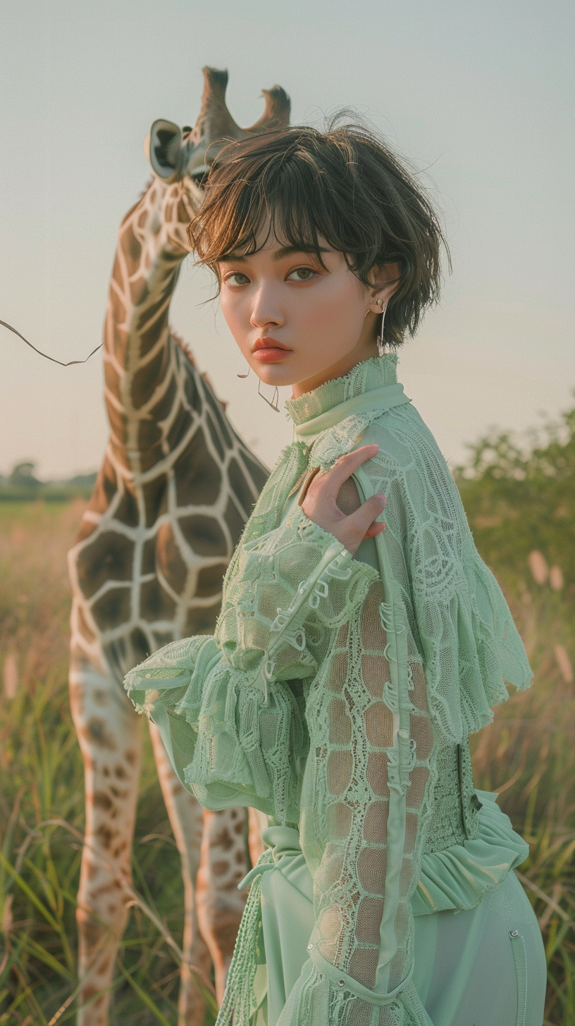 Fashion model in mint green with giraffe backdrop.