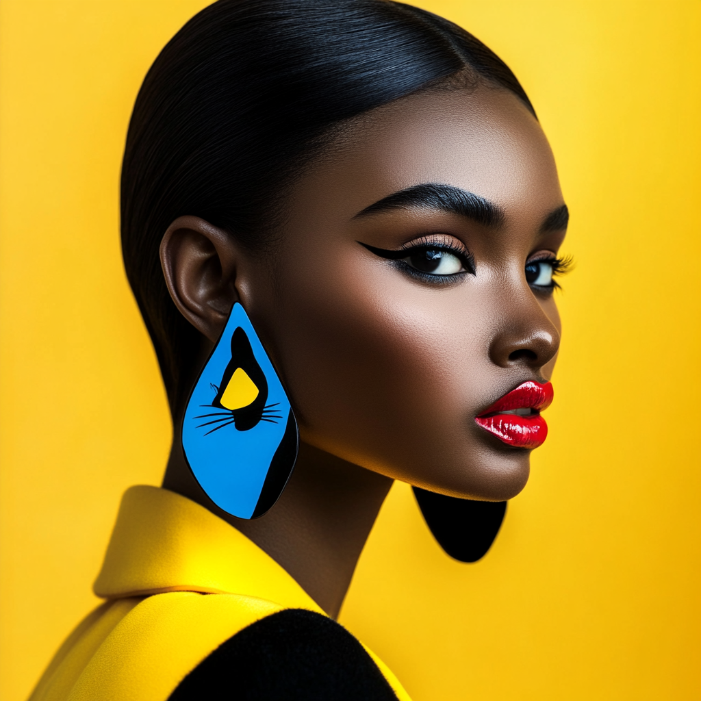 Fashion photo of model wearing cat earrings, bright colors