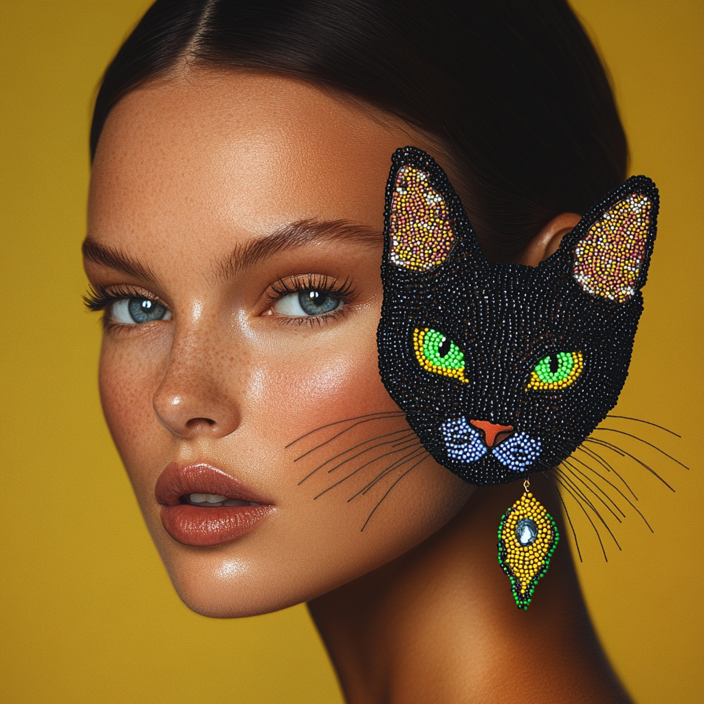 Fashion photo with model showcasing beaded cat earrings beautifully.