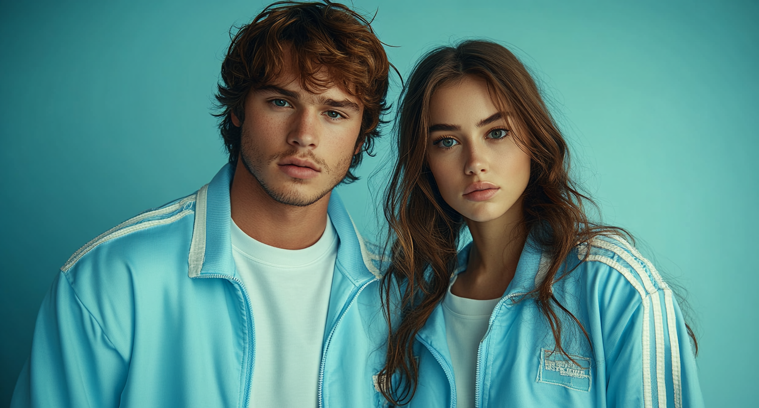 Fashion photoshoot of man and woman in track suits.