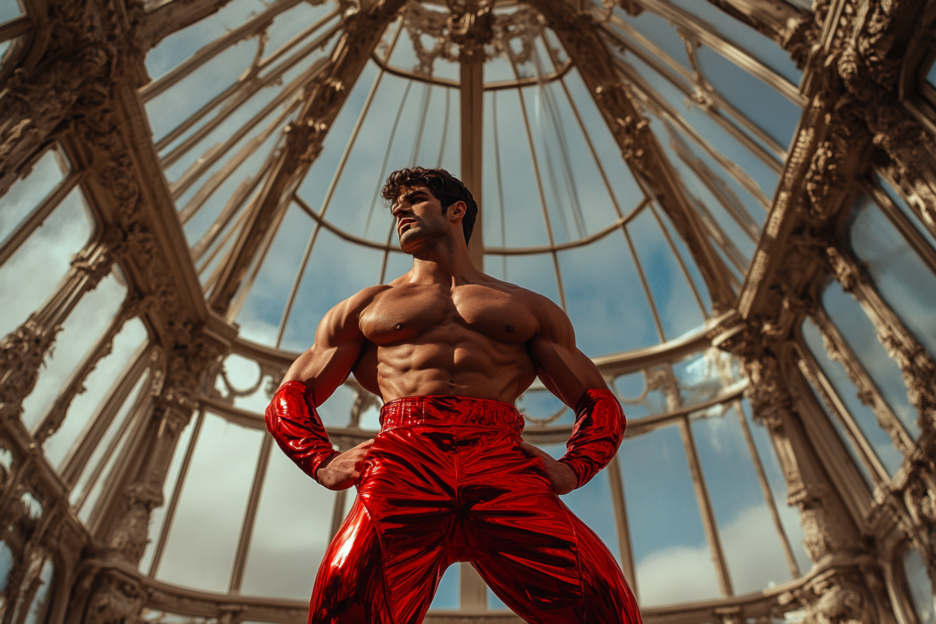 Fashion photoshoot of muscular model man in red suit.