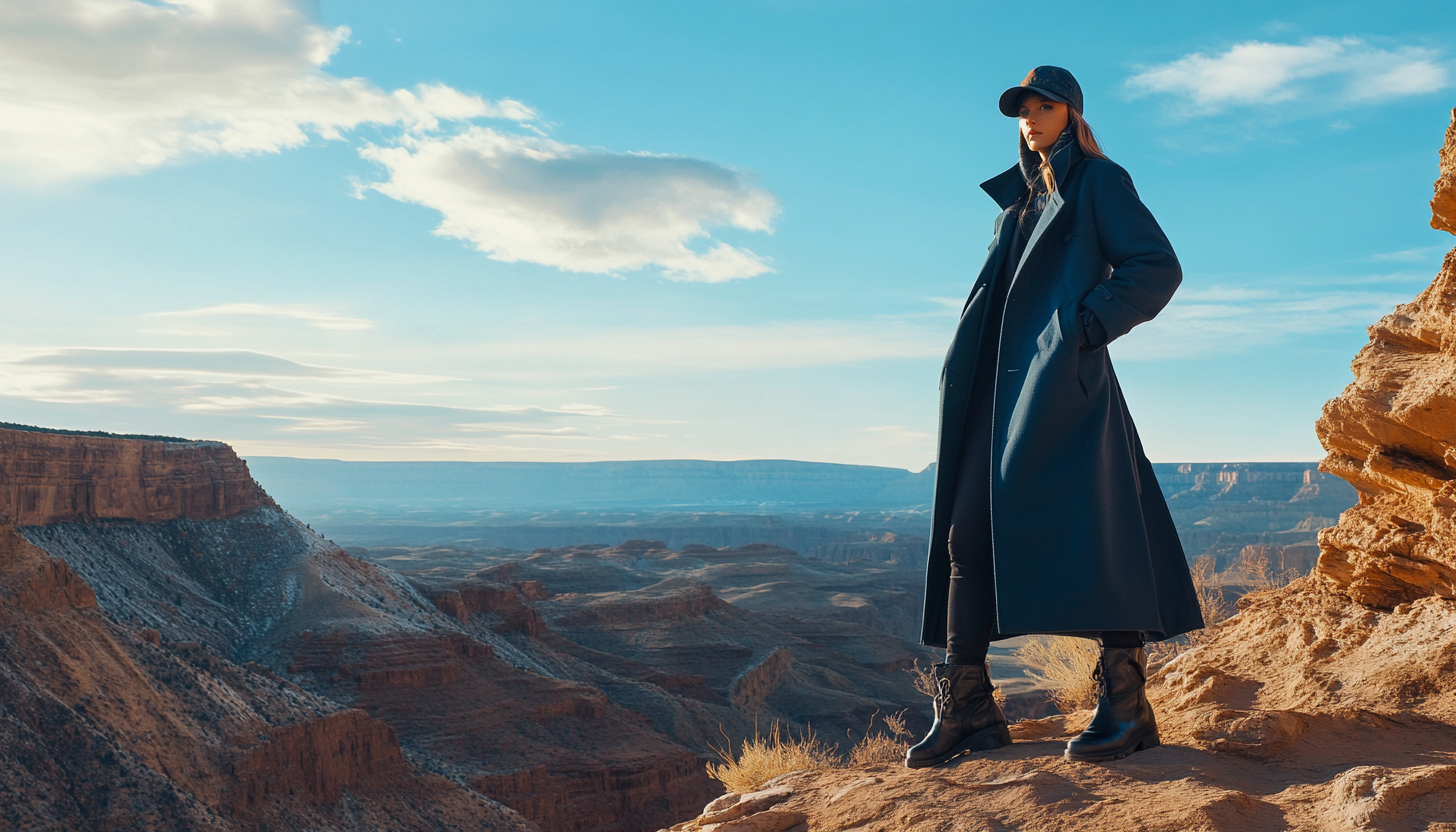 Fashion shoot: Female lawyer in winter coat at Grand Canyon