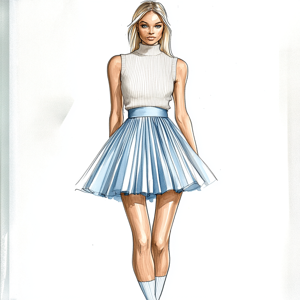 Fashion sketch of a woman wearing light blue skirt.