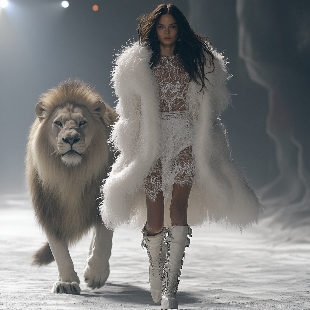 Fashion week 2030s: model in lacy jacket, leather boots.