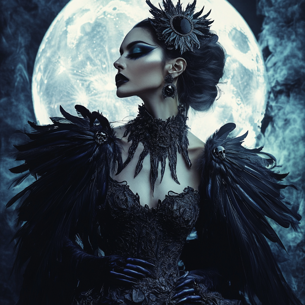 Fashion witch in feathered dress, eerie surrealism backdrop.