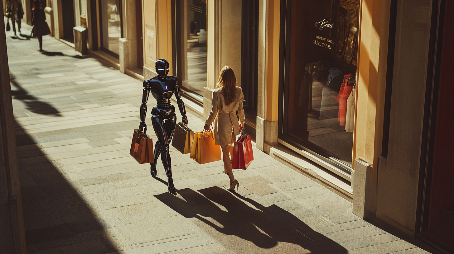 Fashion woman with robot and luxury shopping bags outdoors.