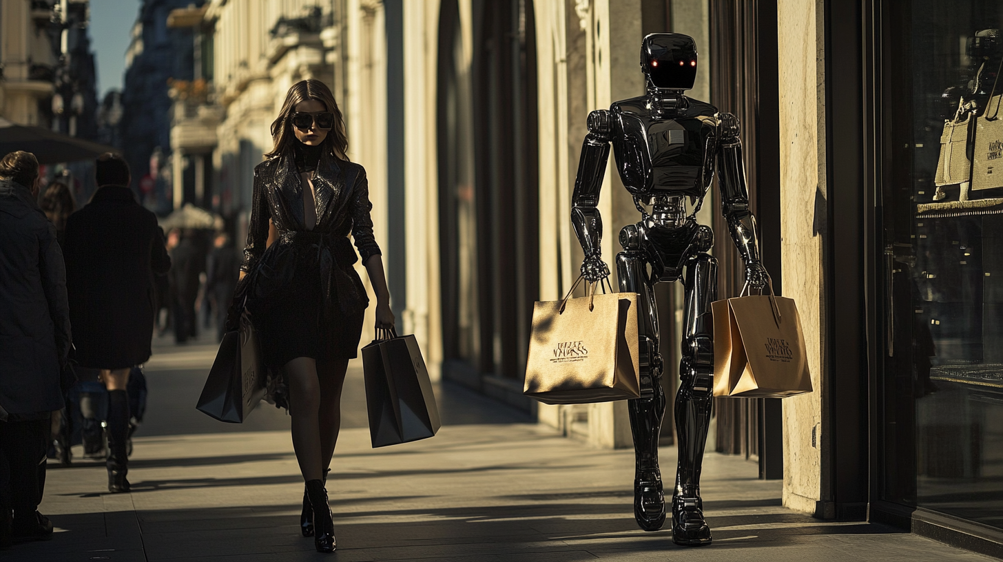 Fashion woman with robot carrying Hermes bags in Milan.