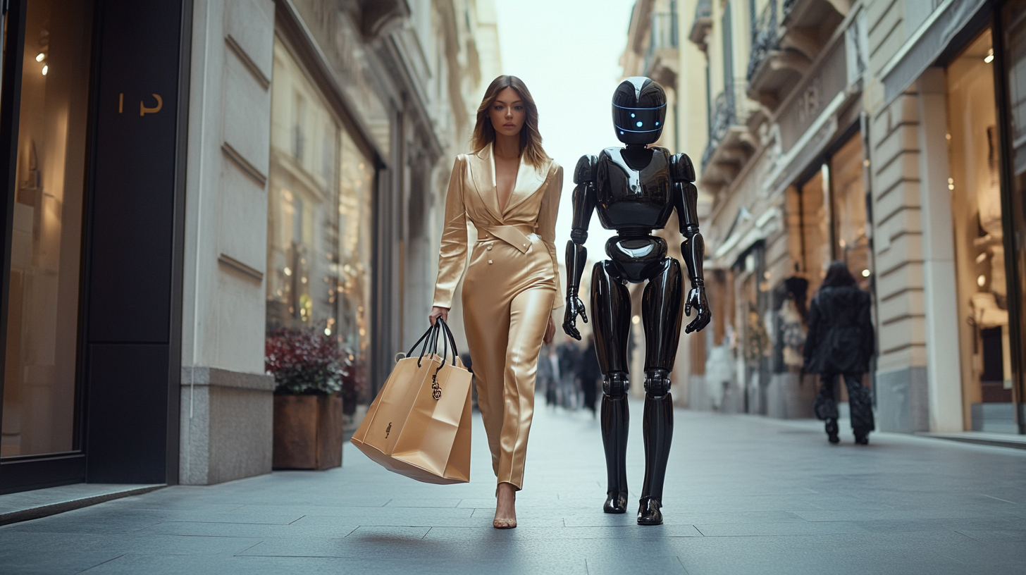 Fashion woman with robot carrying Hermes bags on sidewalk.