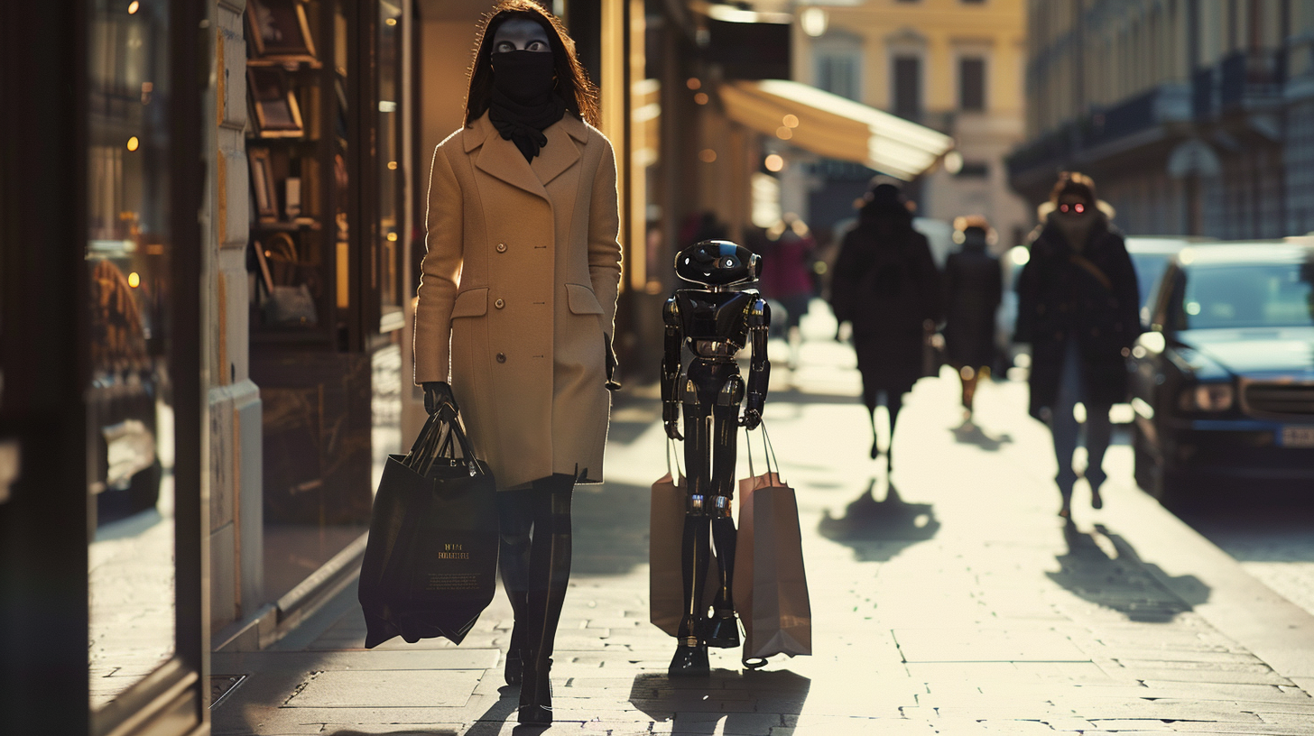 Fashion woman with robot shopping on Montenapoleone sidewalks, cinematic.