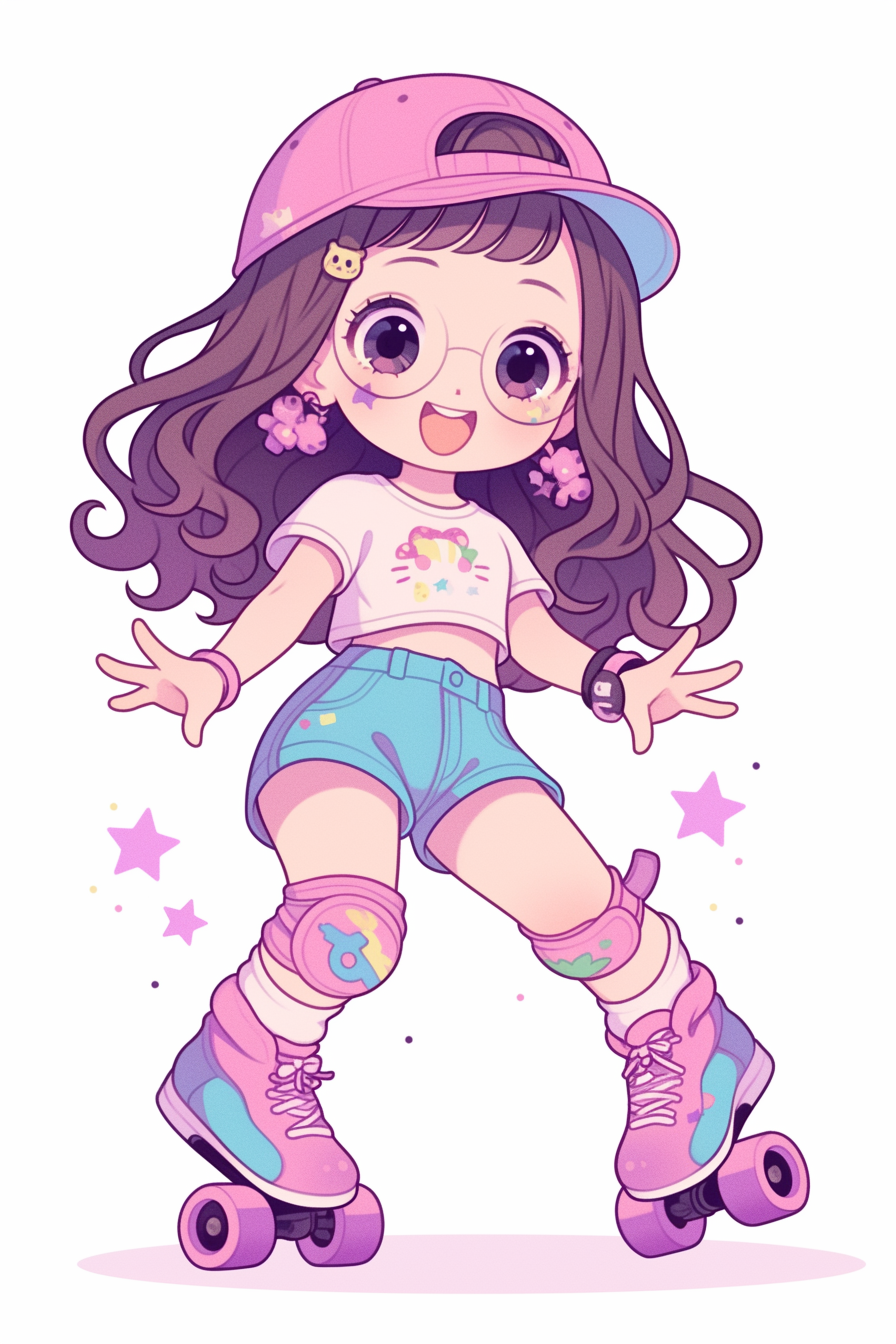 Fashionable Roller Skating Girl Poses in Kawaii Style