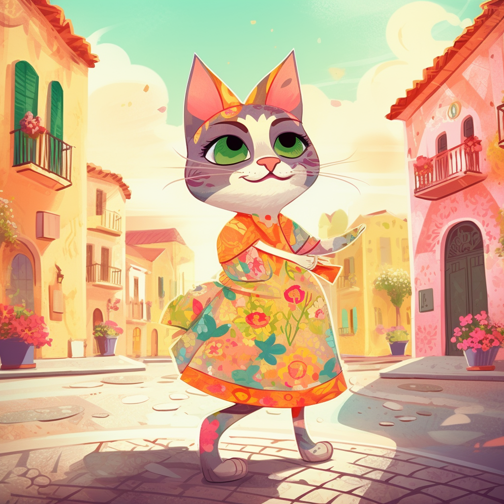 Fashionable cat in floral dress on colorful Venezuelan street.