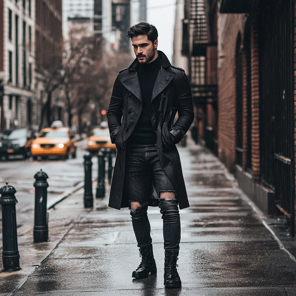 Fashionable man in black trenchcoat, turtleneck, skinny jeans. Staring.