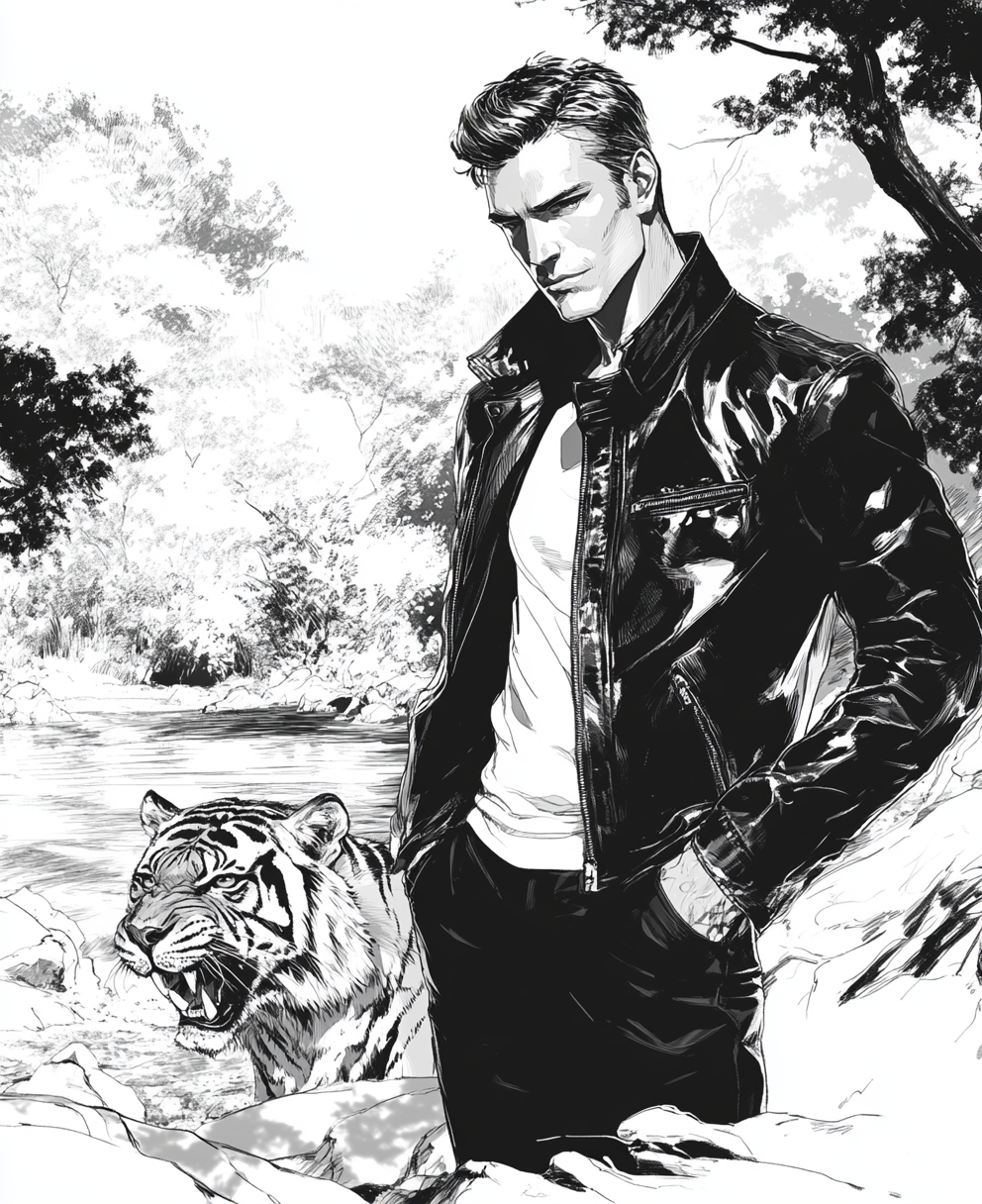 Fashionable man in leather jacket on beach with tiger.