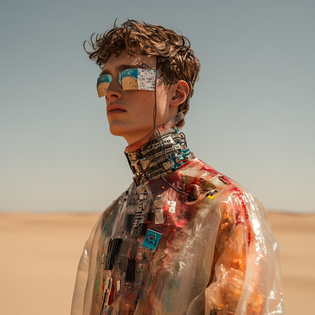 Fashionable man model on desert planet in electronics outfit.