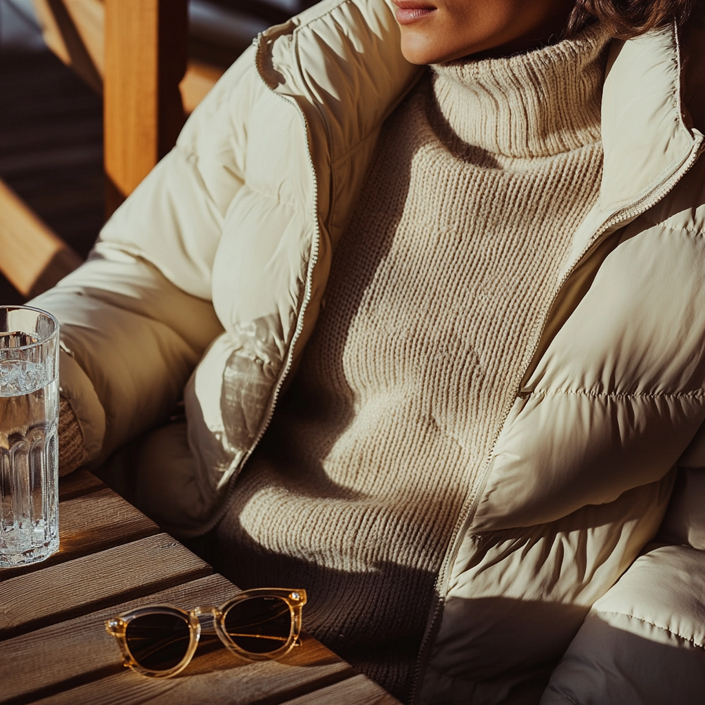 Fashionable winter scene with person and sunglasses centerpiece.