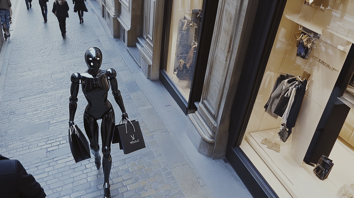 Fashionable woman shopping with robot carrying designer bags, Milan.