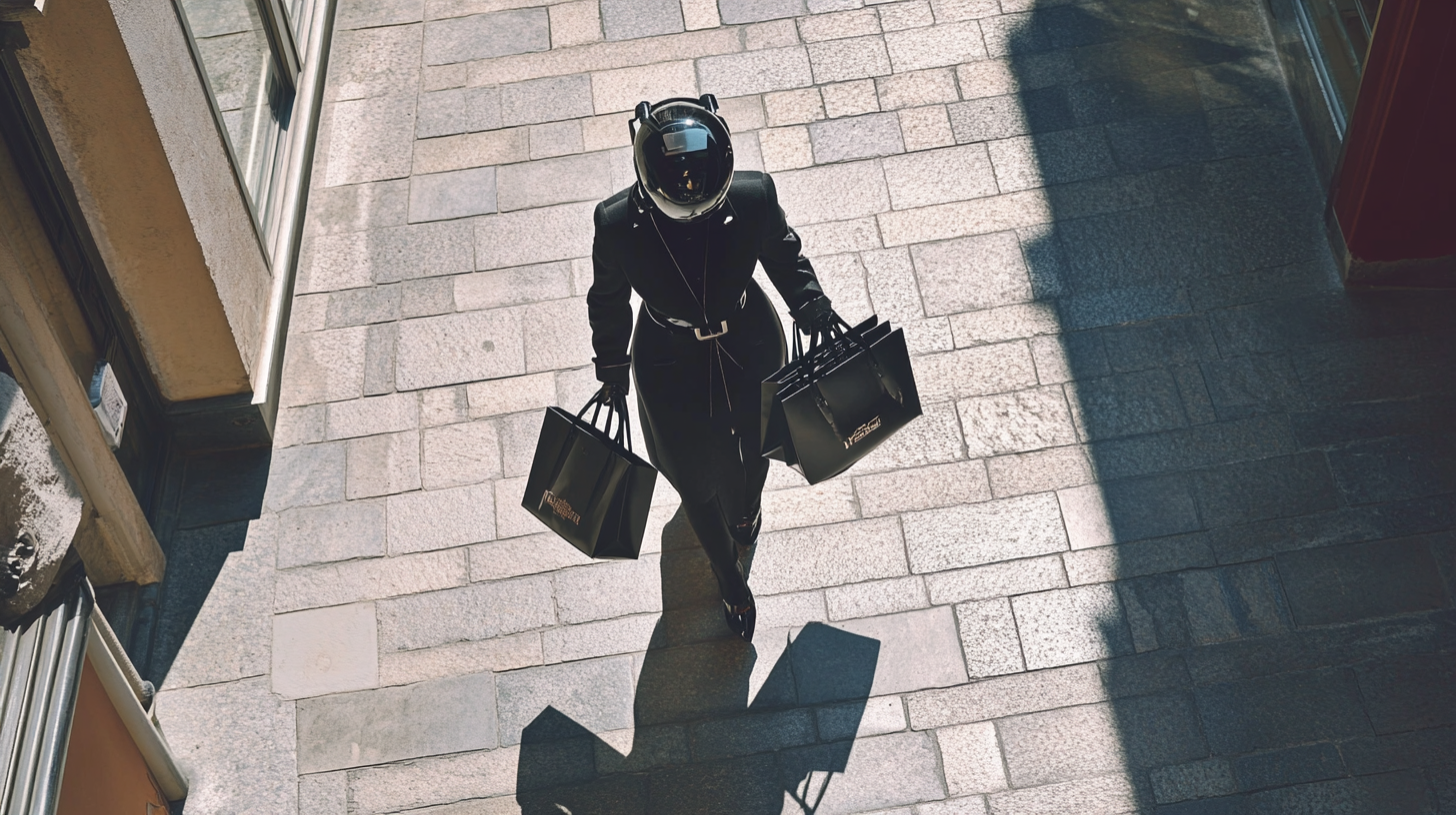 Fashionable woman shopping with robot in high-end district.