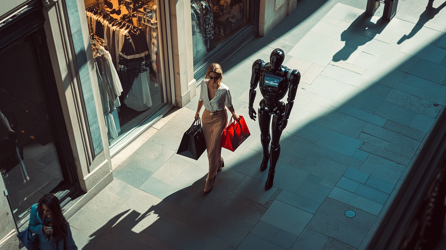 Fashionable woman with robot and luxury shopping bags on sidewalk.