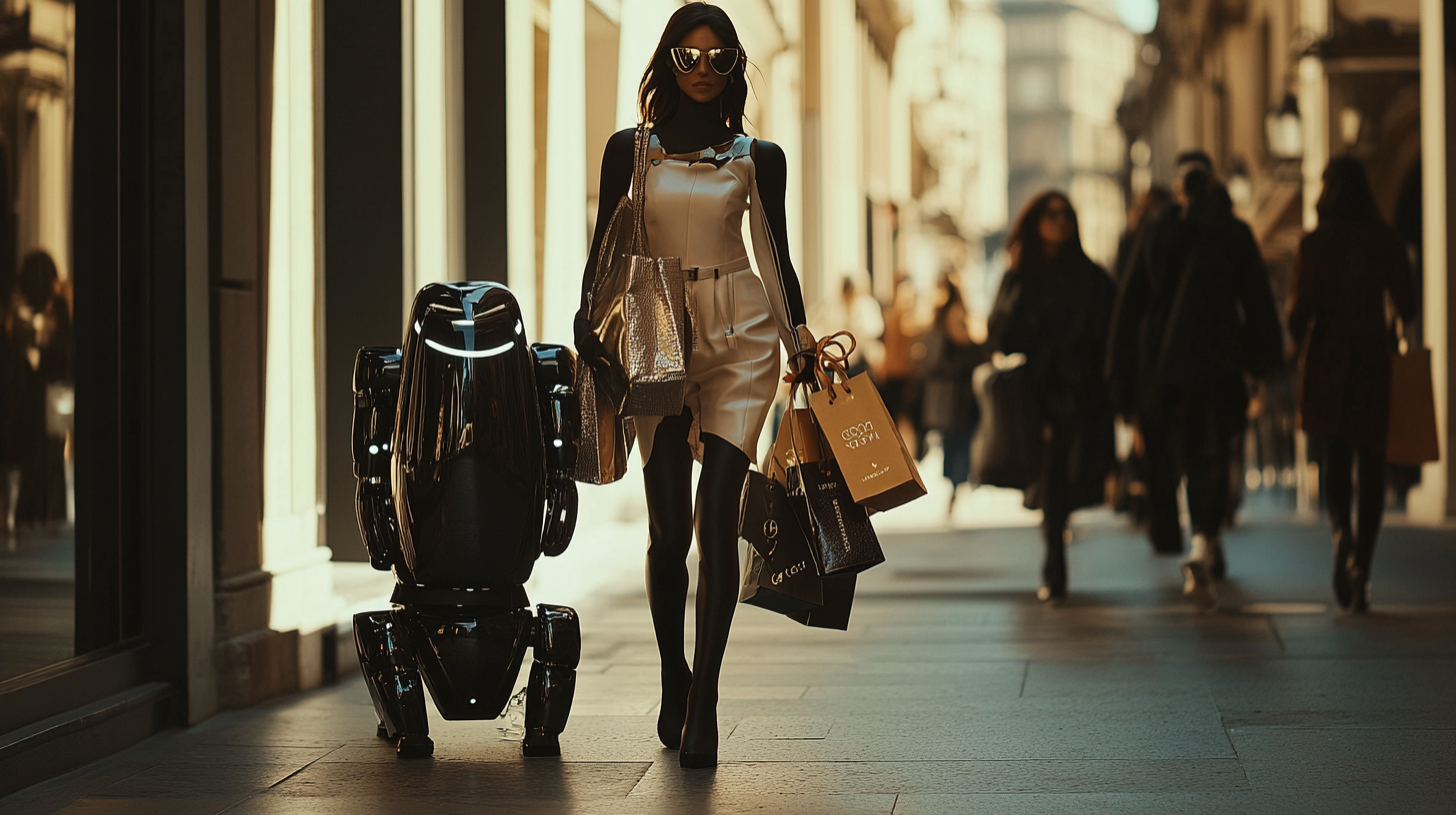 Fashionable woman with robot carrying luxury shopping bags walking.