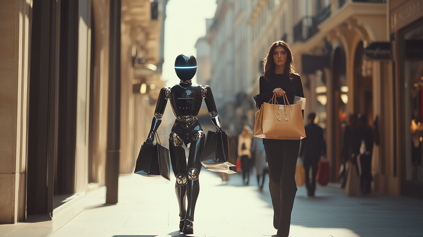 Fashionista woman and black robot shopping in luxury boutiques.