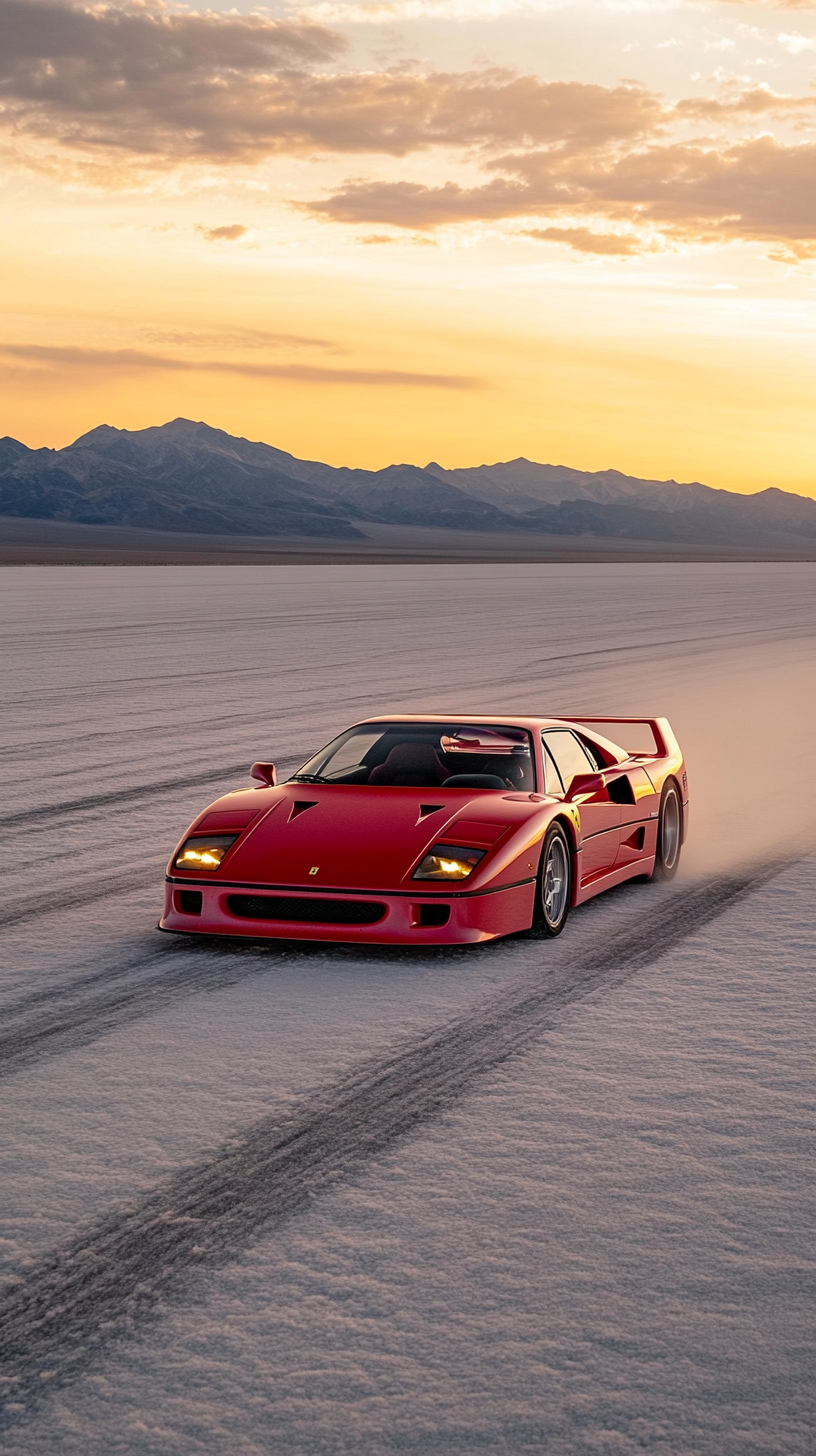 Fast Ferrari F40 speeds through salt flats at sunrise.