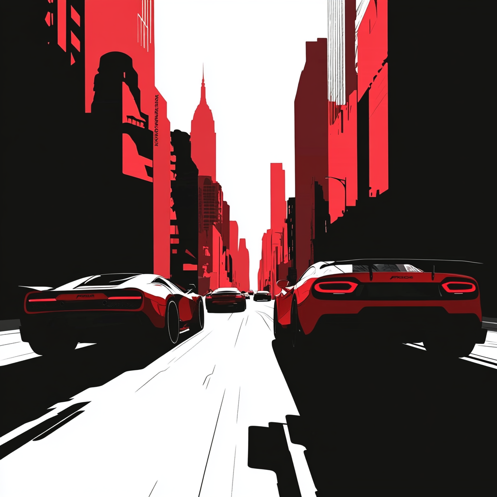 Fast cars racing in city street, vector illustration