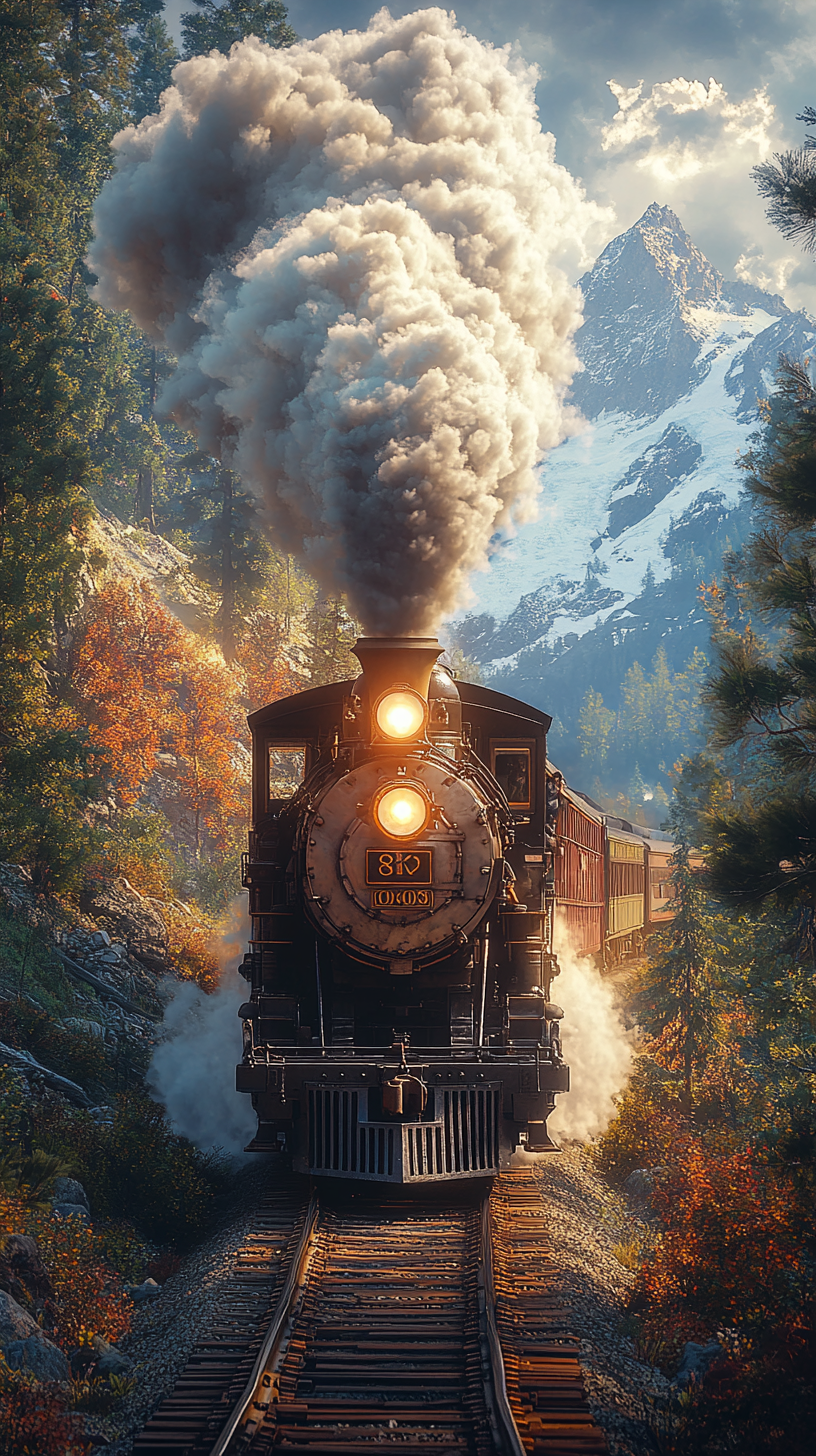 Fast steam train on historic railroad journey