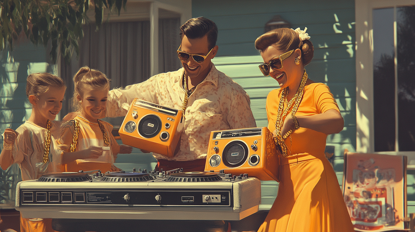 Father DJs, mother dances, kids with boomboxes in retro yard.