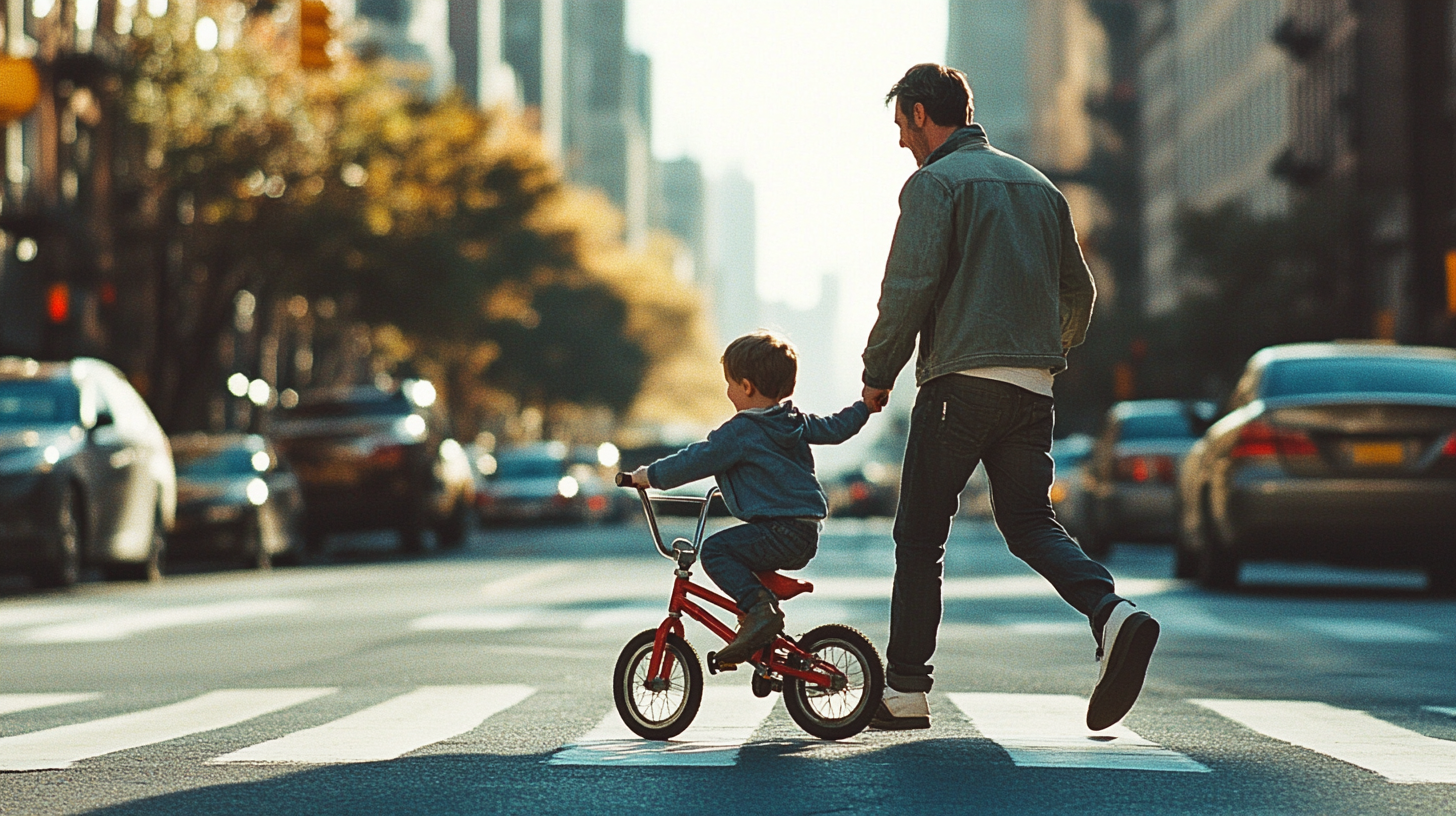 Father Proudly Guides Son's First Bike Ride