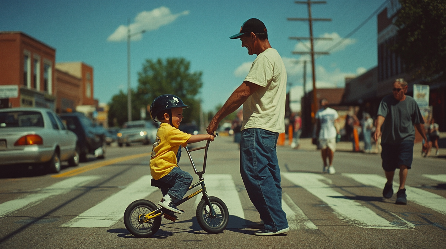 Father Proudly Watches Son's First Bike Ride