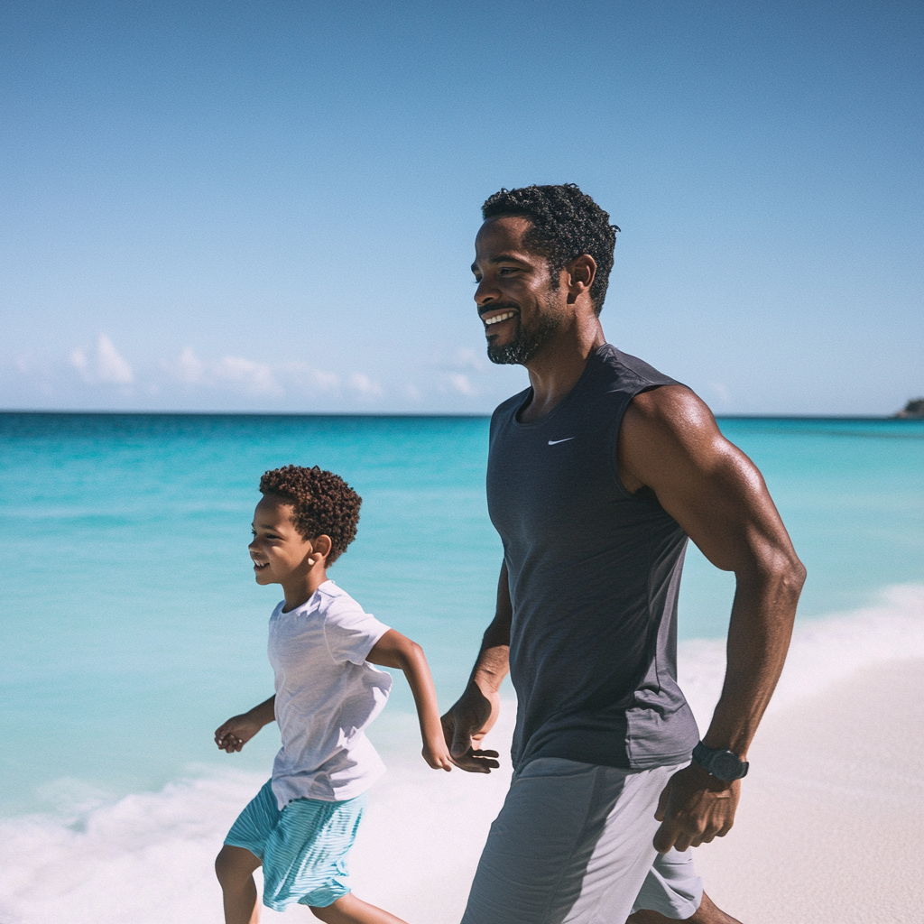 Father and Son's Run on Stunning Caribbean Beach