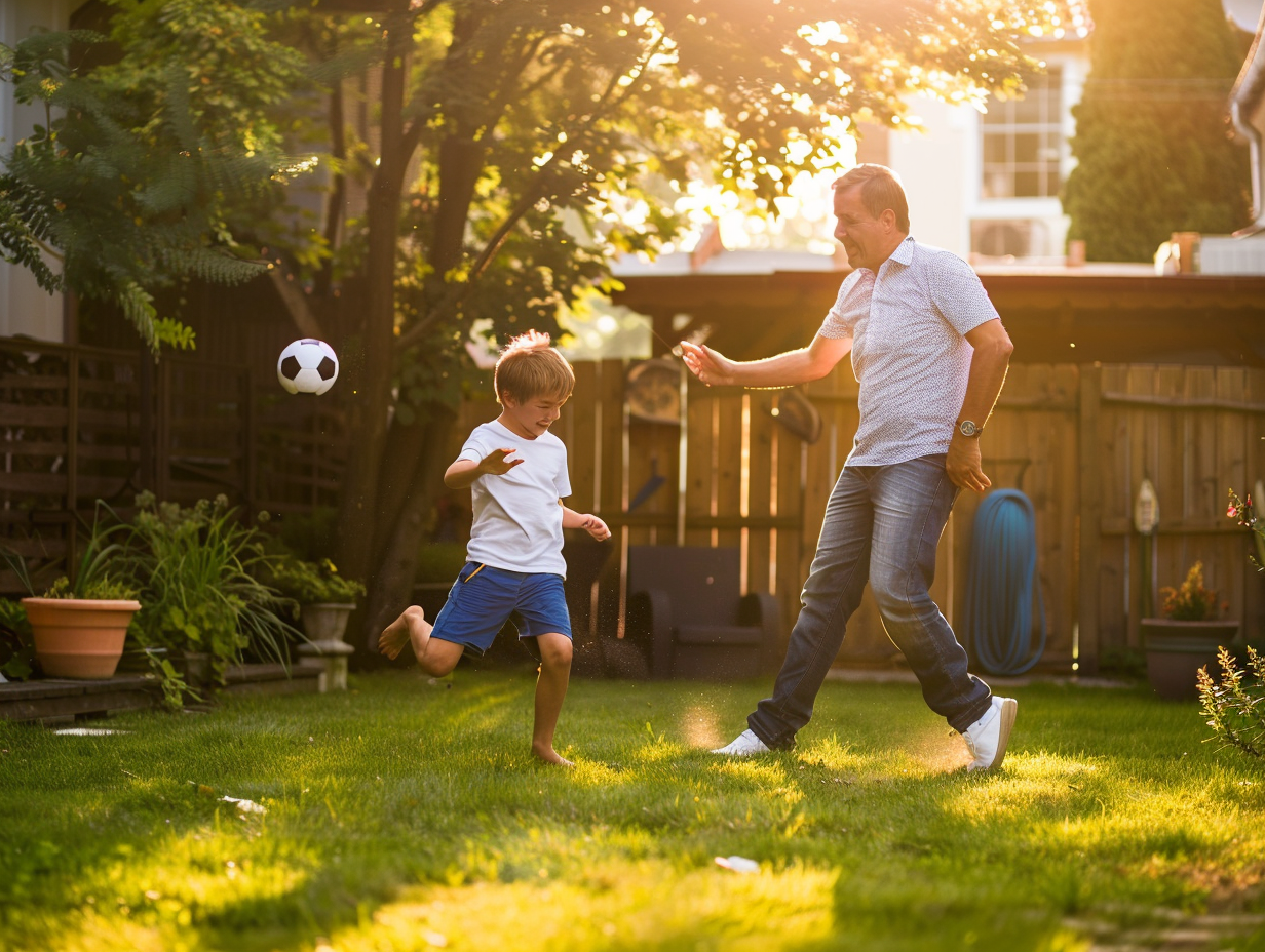 Father and Son Playing Football in Backyard Joyful Moment Capture 