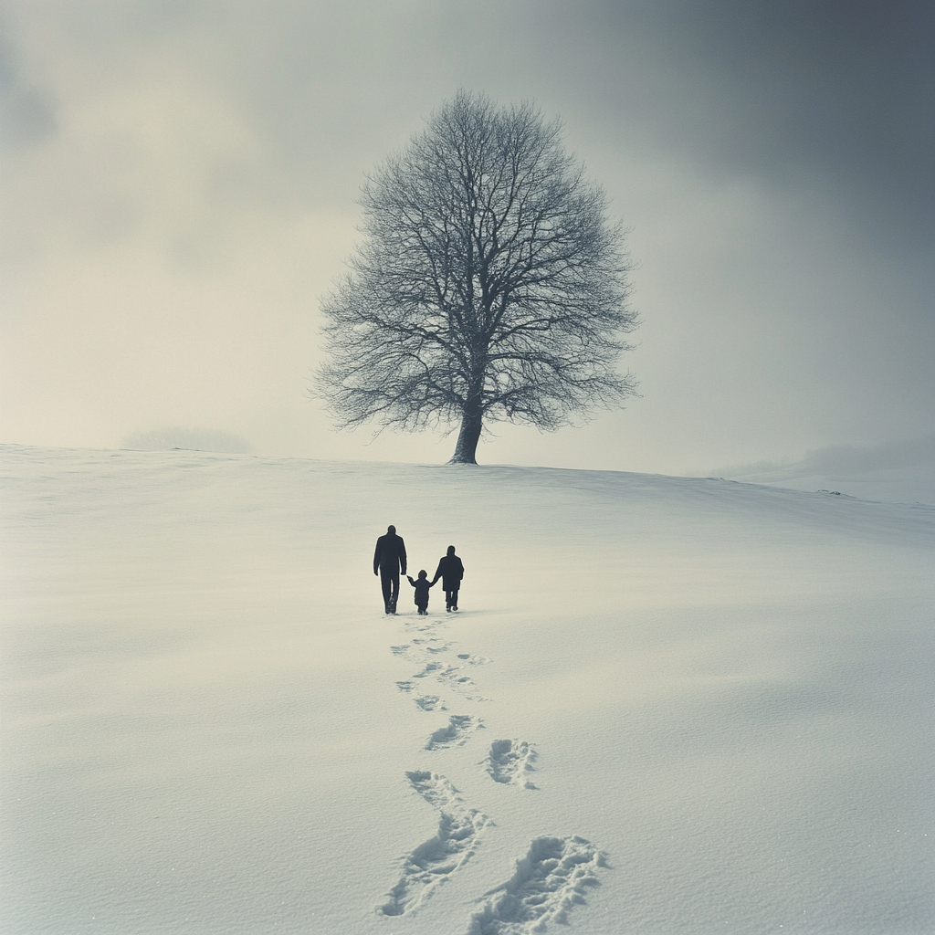 Father and Son Walking in Snowy Landscape.