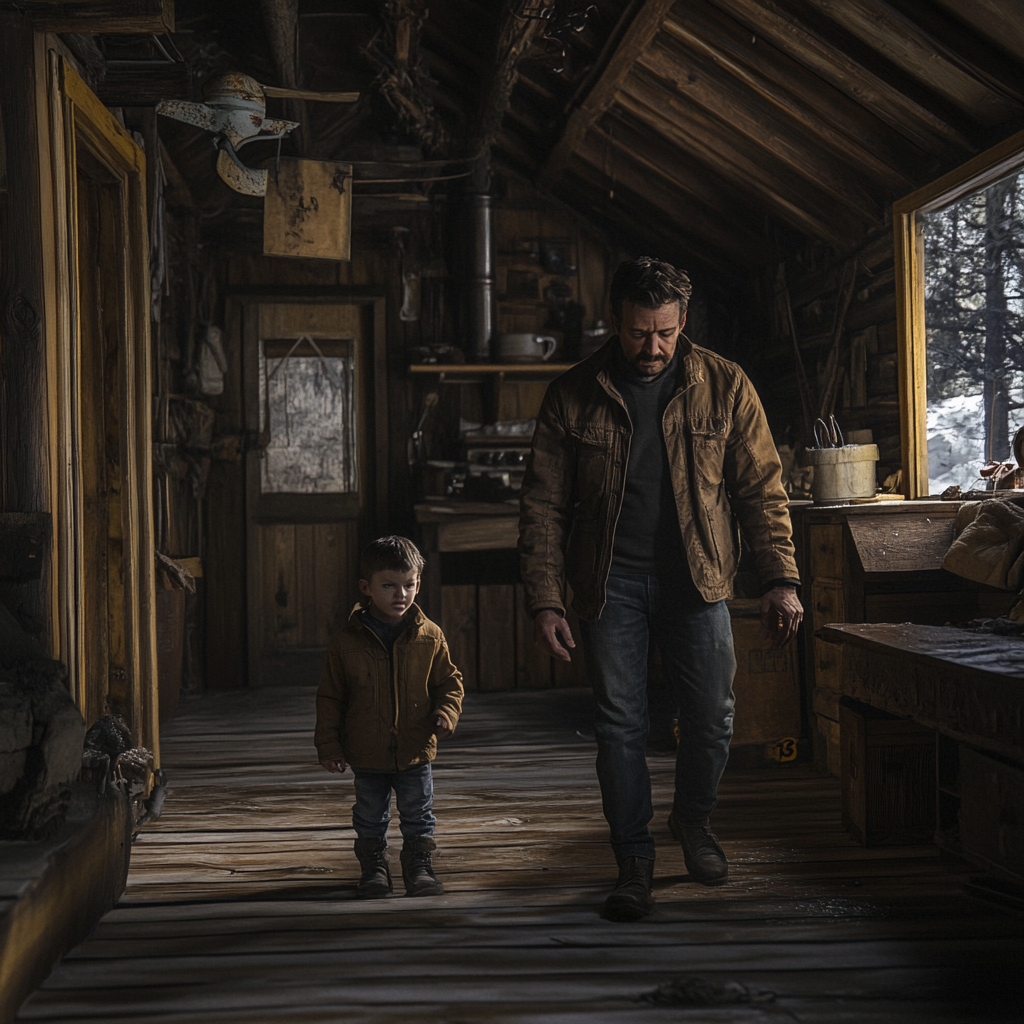 Father and Son in Antique Cabin, Cinematic Imax Shot