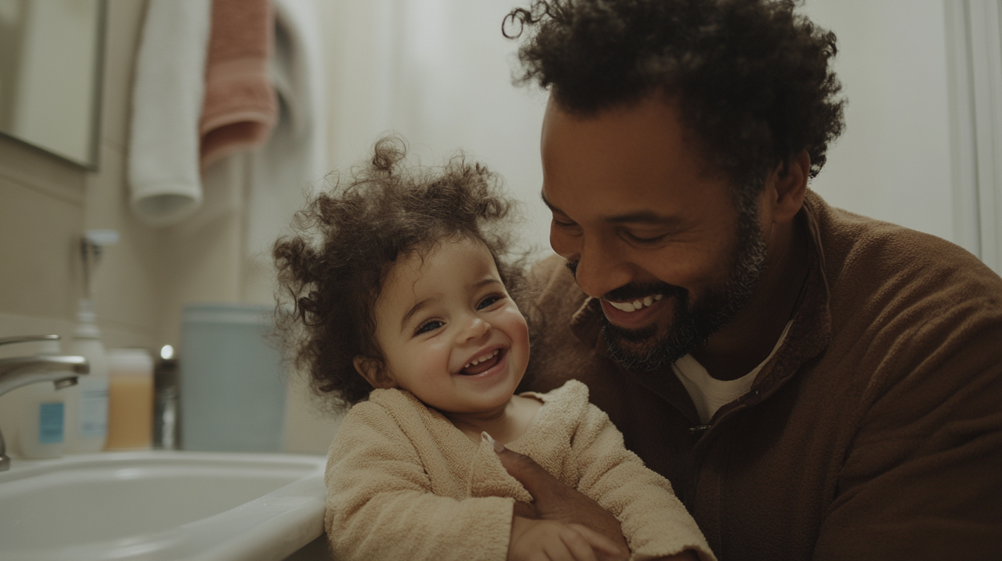 Father and daughter share tender bathroom moment