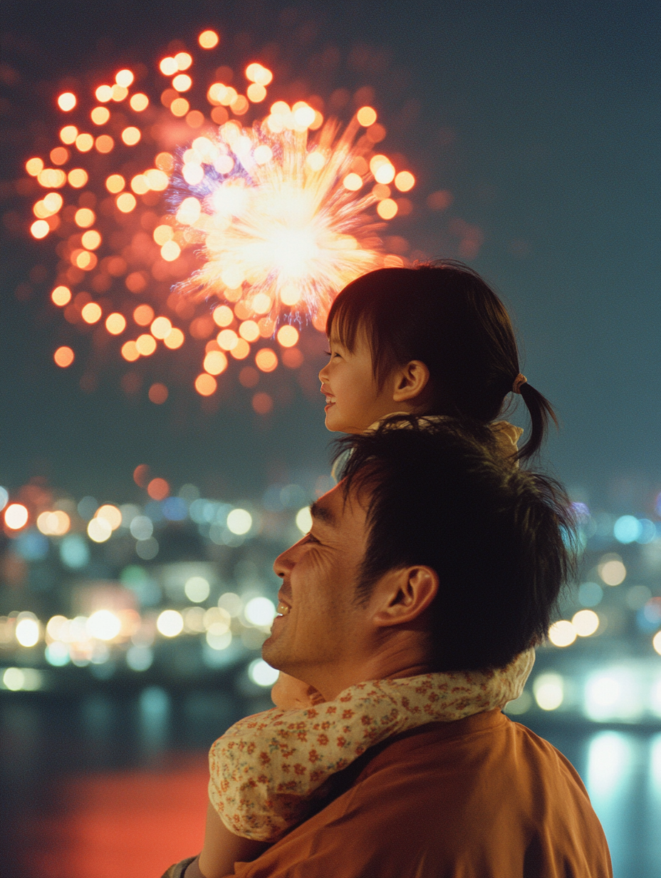 Father and daughter watch fireworks in Tokyo