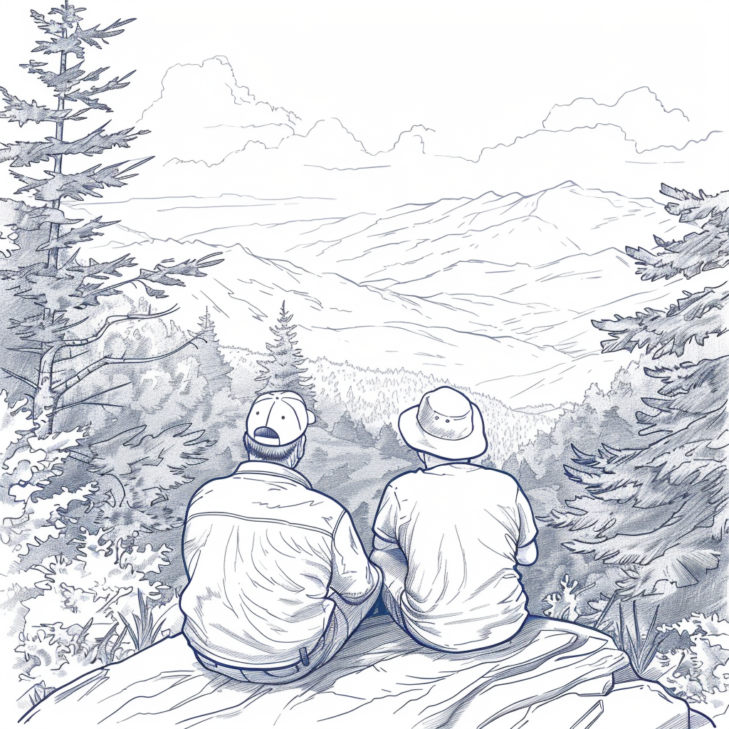 Father and son admire mountains after hiking.