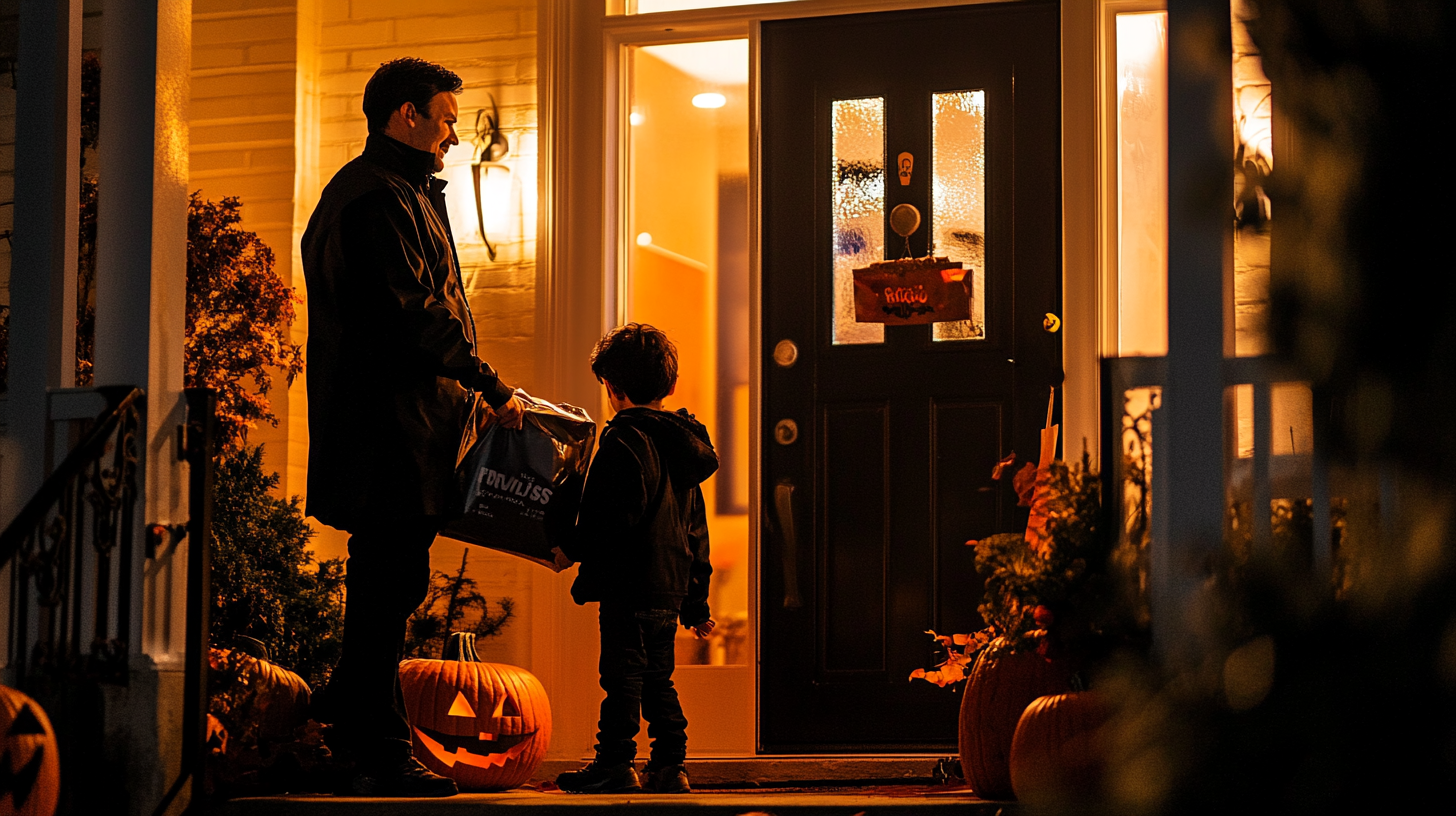 Father and son dressed as vampires receiving Uber Eats.