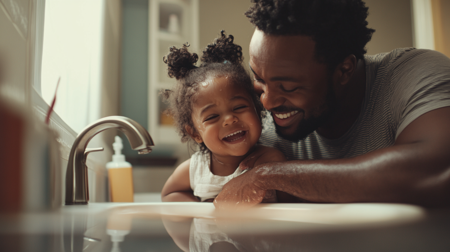 Father comforting daughter with joyful expressions in bathroom