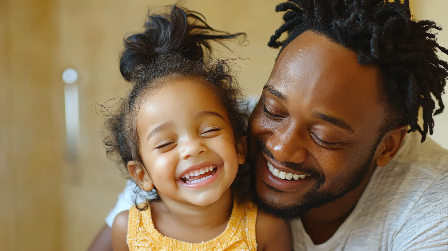 Father comforts daughter, wiping tears in cozy bathroom