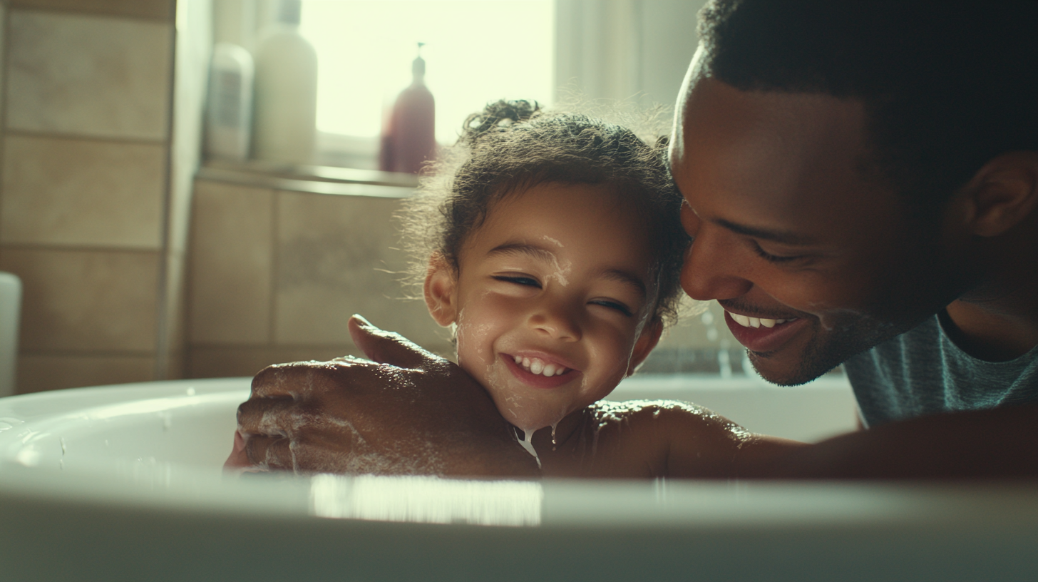 Father comforts daughter in cozy bathroom moment