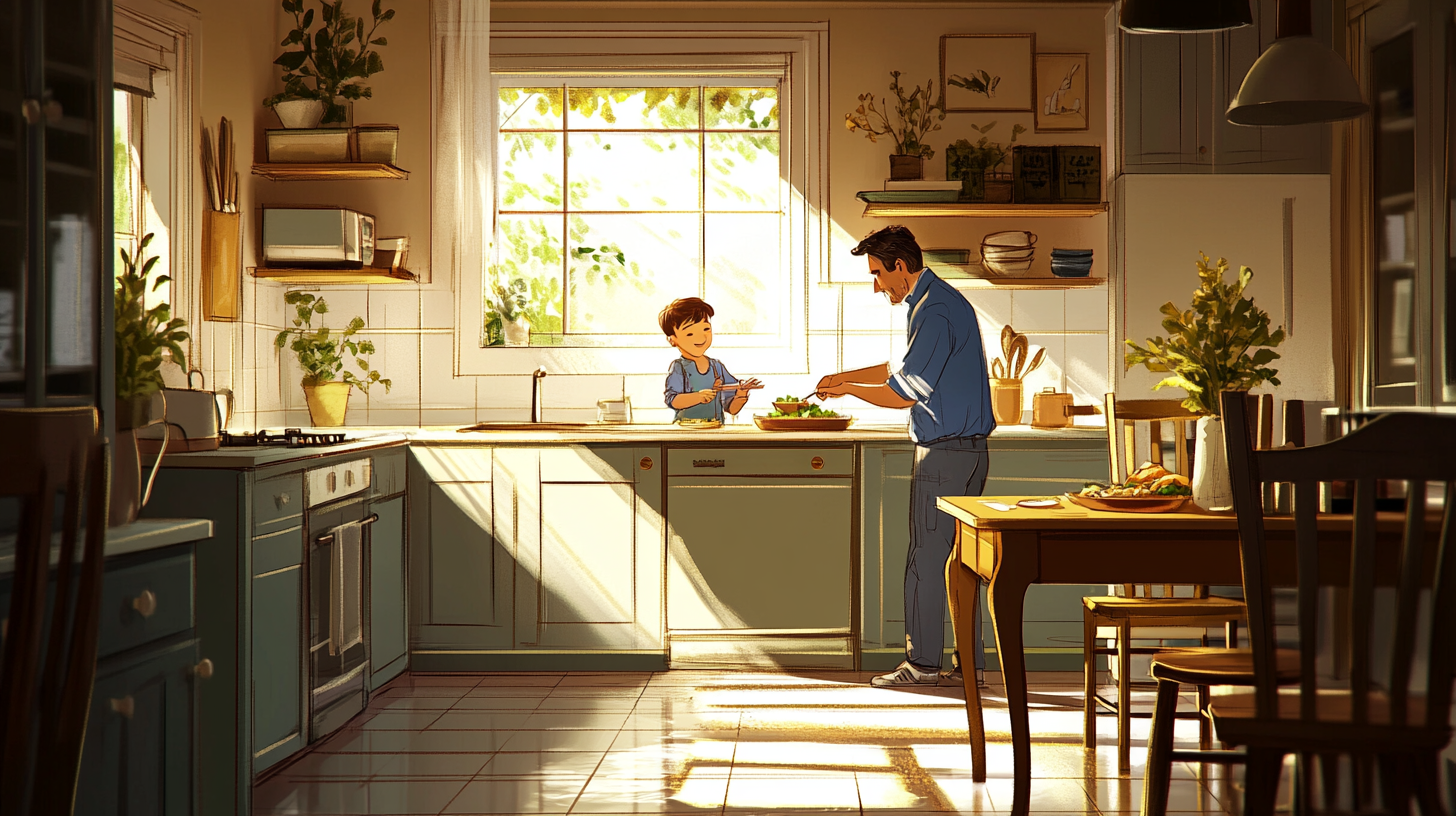 Father preparing lunch for young son in modern kitchen.