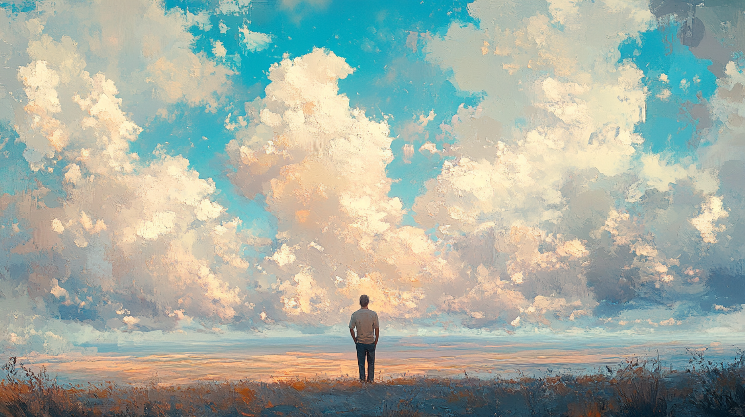 Father under vast Monet-style sky, serene and hopeful.